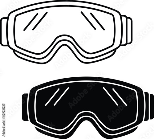 Two pairs of ski goggles one outlined and one solid vactor black silhouette black and white