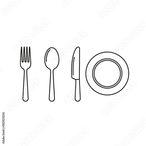 Essential modern flatware and plate icon set for culinary design projects and restaurant branding