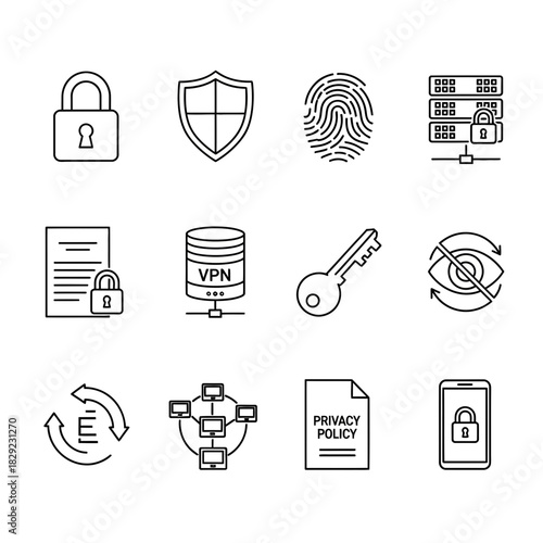 Secure digital world icons a padlock shield fingerprint VPN server key privacy policy and mobile security for modern business protection