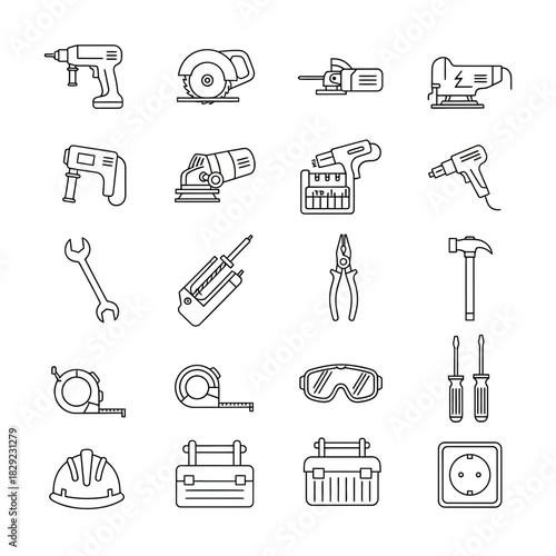 Essential construction and DIY tools collection for professional projects and home renovations, showcasing modern equipment and safety gear.