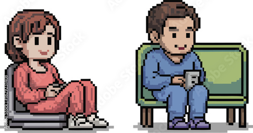 Two pixel art people sitting on furniture holding phones vactor woman