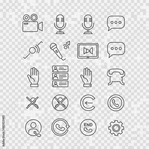 Modern communication icons set featuring video camera, microphones, chat bubbles, user profiles, and call controls for dynamic digital interfaces