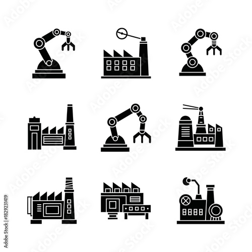 Modern industrial factory buildings and robotic arms representing automation and manufacturing, perfect for technology and business themes.