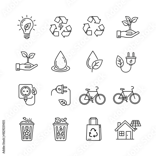 Illustrating sustainability and eco-friendly living with diverse icons representing energy, recycling, and green practices for a healthier planet.
