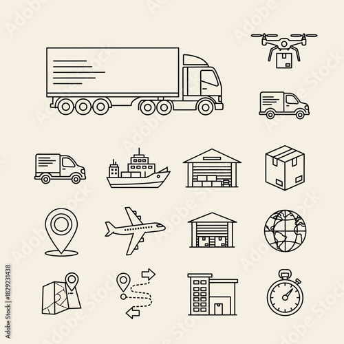 Dynamic logistics icons showcasing transportation modes, global delivery, and supply chain operations for modern business needs.