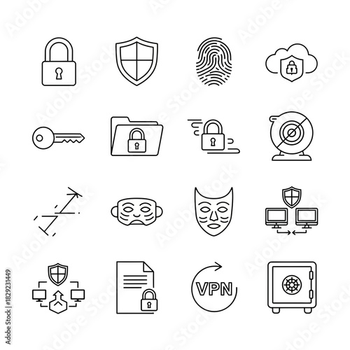 Essential digital security icons offering protection privacy identity access and data safety solutions for modern technology needs