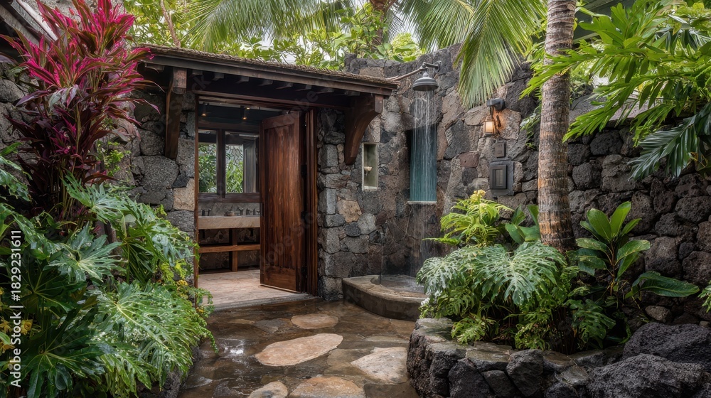 Obraz premium Tranquil Entrance of a Tropical Garden Oasis Surrounded by Lush Greenery and Natural Stone Design with a Cozy Atmosphere for Relaxation and Escape