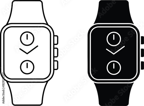 Two smartwatches one vactor black one white with icons for power and volume smart watch