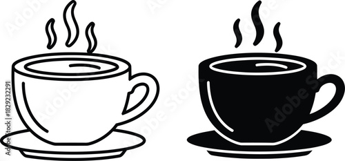 Two steaming coffee cups one outline one solid vactor black silhouette hot drink beverage
