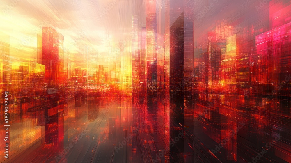 Fototapeta premium Red city sunset reflection, futuristic cityscape, urban background, website header