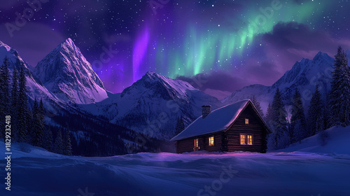 Stunning aurora borealis over snow mountain landscape with wood cottage