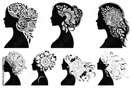 Black silhouettes of women with floral hair designs