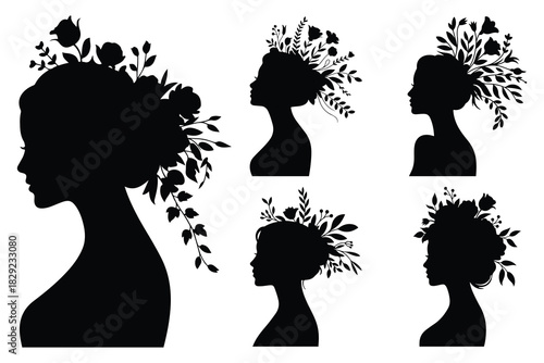Black silhouette profiles of women with floral hairstyles