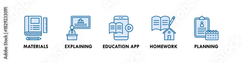 Teaching banner web icon illustration concept with icon of materials, explaining, education app, homework, and planning