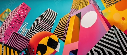 Abstract city mural, vibrant colors, geometric shapes, urban background, design inspiration