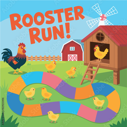 Rooster run game illustration with farm animals and colorful path for children learning and fun game