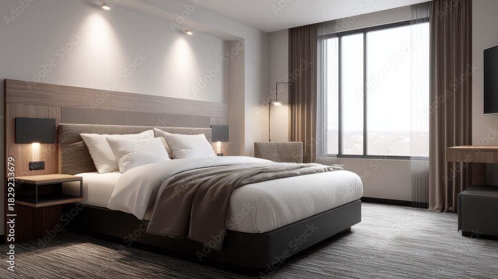 Fototapeta premium Modern and Stylish Hotel Room Featuring Cozy Bed, Warm Lighting, and Minimalist Decor Ideal for Relaxation and Comfort in Urban Settings
