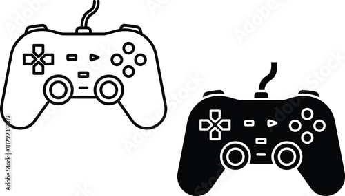 Two video game controllers one outlined and one solid vactor black gaming gamepad