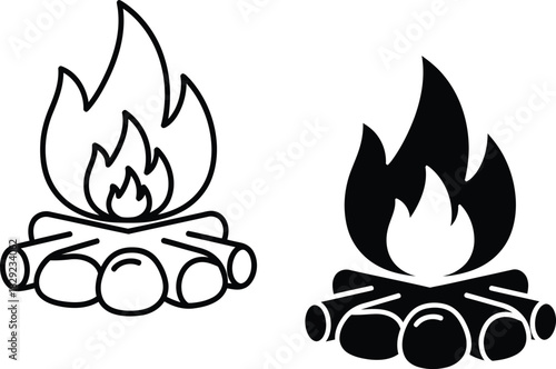 Vactor Black and white campfire icon with flames and logs symbol illustration