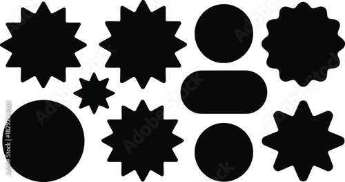 A collection of varied solid black silhouette shapes including starbursts, circles, and rounded rectangles