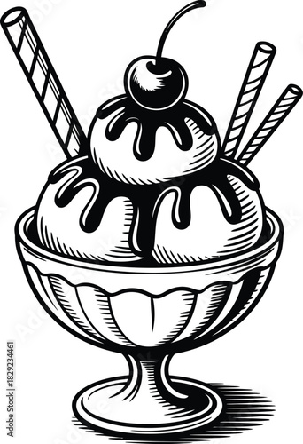 Vactor Black and white illustration of ice cream sundae with cherry and wafer sticks