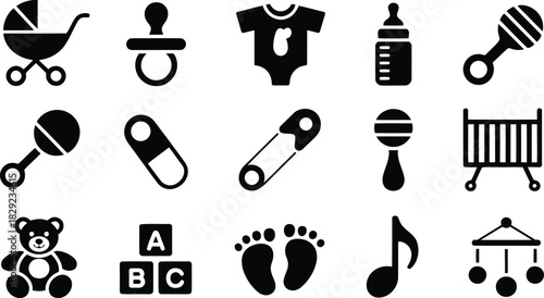 A comprehensive collection of iconic baby products and childcare essentials depicted in black silhouette