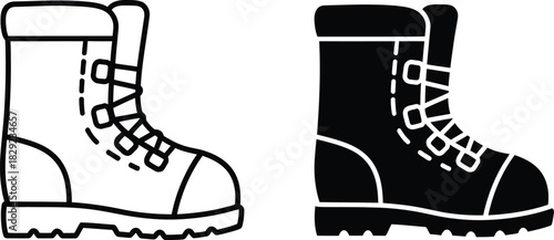 Vactor Black and white line art and silhouette of a hiking boot footwear shoe