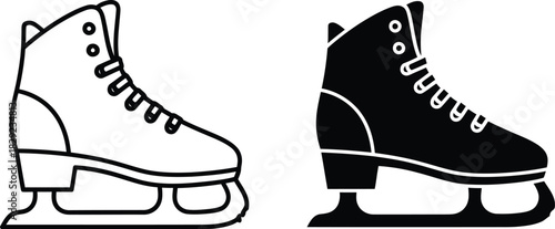 Vactor Black and white line art and silhouette of an ice skate skating winter sport