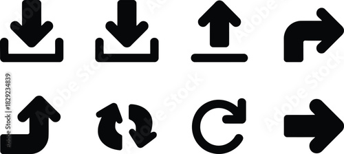 A comprehensive set of modern black arrow icons depicting various common actions like download upload and navigation