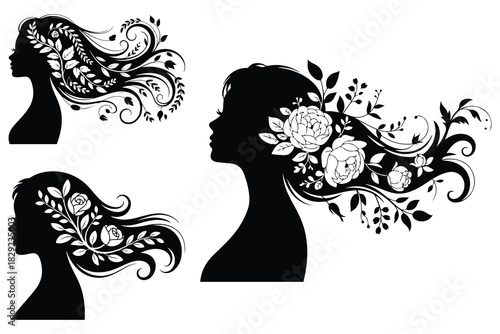 Black silhouette female profiles with floral hair designs
