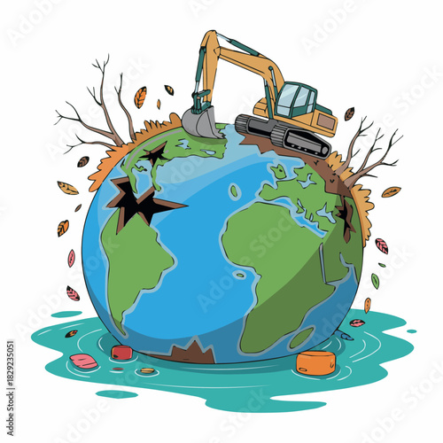 Earth destruction by excavator climate change and global warming destroying the planet illustration art