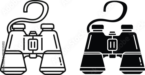 Vactor Black and white line art and solid silhouette icons of binoculars with strap