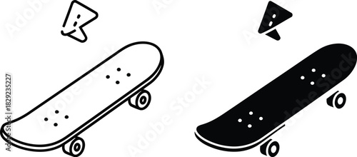 Vactor Black and white line art and solid silhouette of a skateboard with a small flag icon