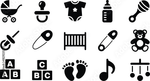 A diverse arrangement of fundamental baby care tools and infant playthings depicted as black icons
