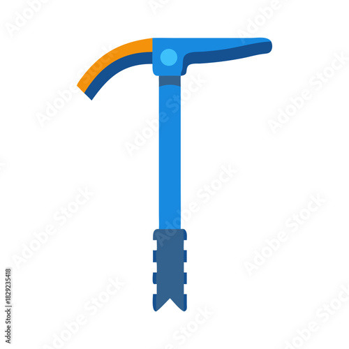 Blue mountaineering ice axe with orange pick against black