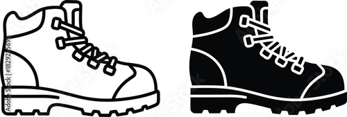 Vactor Black and white outline and silhouette illustrations of hiking boots footwear