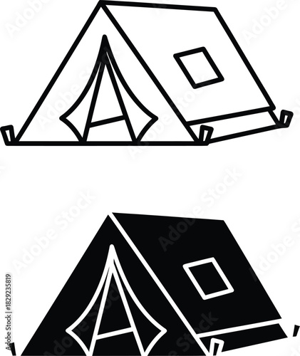 Vactor Black and white outline and silhouette of a camping tent shelter outdoor