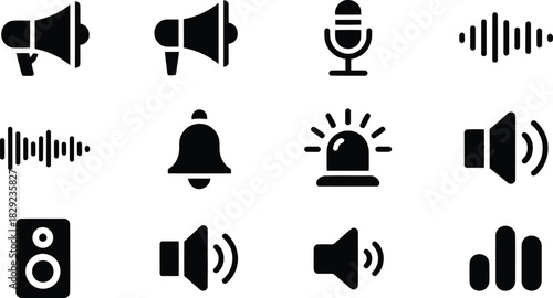 A grid of twelve black sound and volume related icons including megaphones, microphones, and audio waves