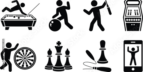 A grid of black silhouette icons depicting various popular sports and recreational activities on a plain white background