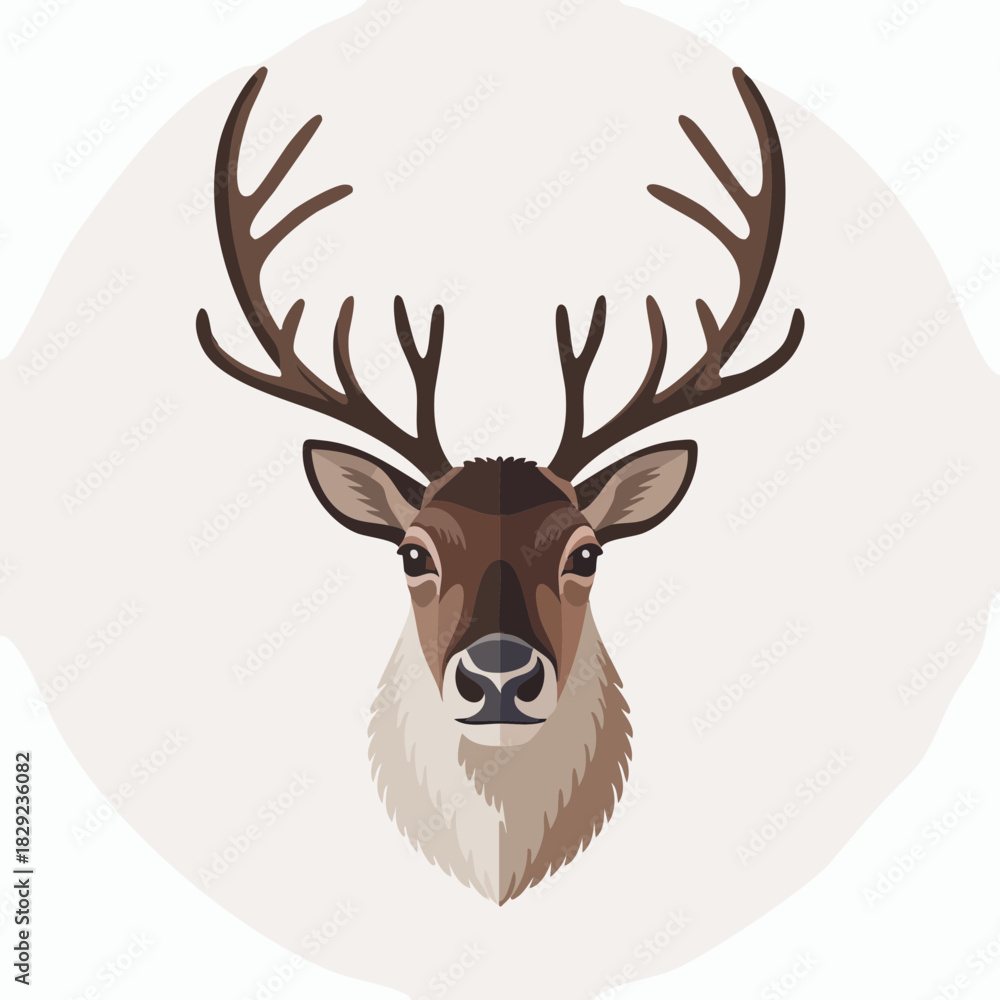 Naklejka premium Detailed illustration of a majestic reindeer head with large antlers, facing forward.