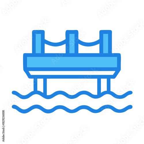 Blue bridge icon over water against a black background