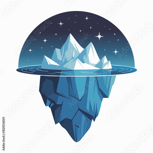A stylized illustration of an iceberg floating in water under a starry night sky, showing both the visible tip and the massive submerged part.