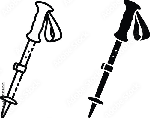 Vactor Black and white outline and solid silhouette of a hiking trekking pole hiking pole
