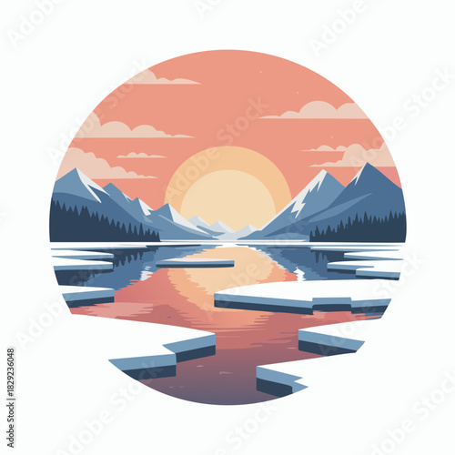 A beautiful flat vector illustration of a serene mountain lake at sunset with ice floes and pine trees, reflecting the warm sky.