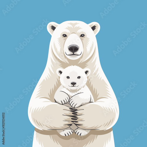 An adorable illustration of a large white polar bear holding its cute cub against a light blue background, depicting family bond.