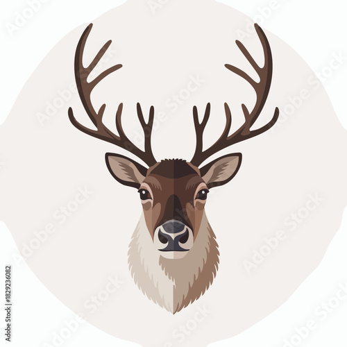 Detailed illustration of a majestic reindeer head with large antlers, facing forward.