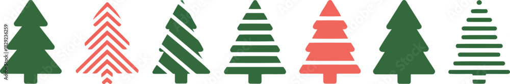 Fototapeta premium A horizontal arrangement of seven decorative Christmas trees featuring green and red solid and striped patterns