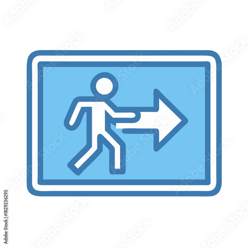 Blue sign illustrating a person exiting toward the right