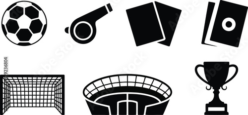A set of black glyph icons illustrating common equipment and symbols found in soccer football