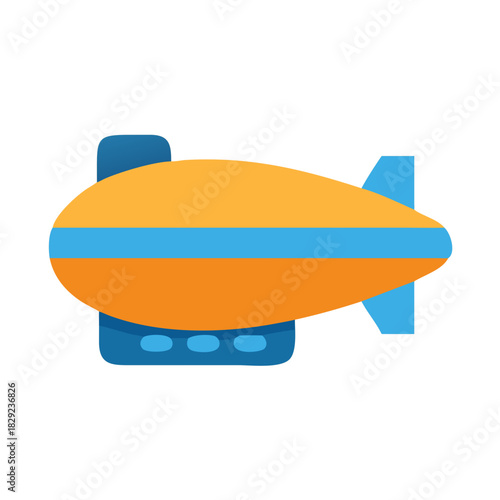 Graphic of an orange and blue airship on black background